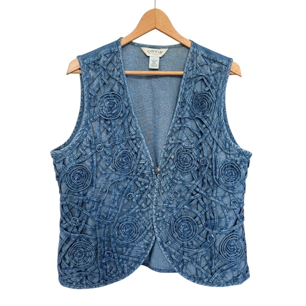 Wmns L Vtg Orvis Med. Wash Cotton Denim Boho Wearable Art Ornate Artsy Vest 90's